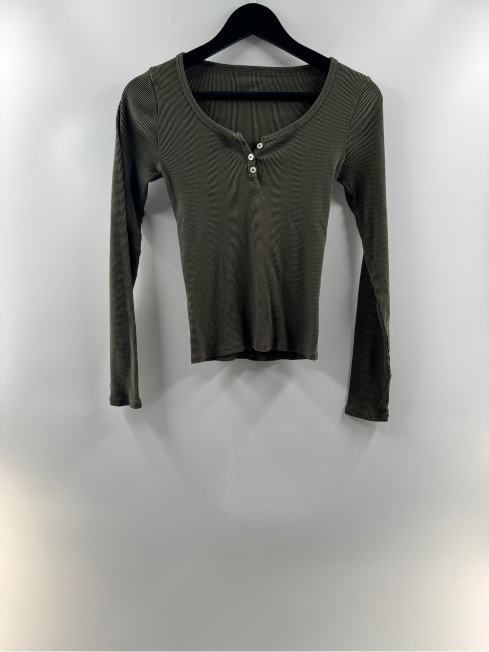 John Galt Olive Green Ribbed Henley Long Sleeve Top One Size